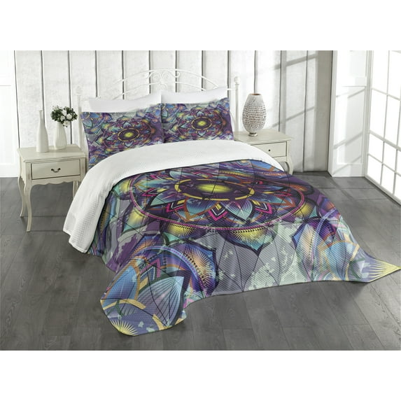 Ambesonne Leaf Quilted Bedspread Set 3 Pcs, Grunge Futuristic Mandala, Queen Size, Multicolor