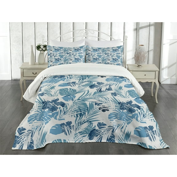 Ambesonne Leaf Quilted Bedspread Set 3 Pcs, Hawaiian Flowers Palm Tree, King Size, Dark Blue Lilac