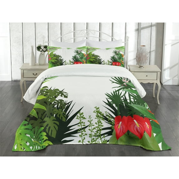 Ambesonne Leaf Quilted Bedspread Set 3 Pcs, Hibiscus Anthurium Leaves, King Size, Hot Pink White
