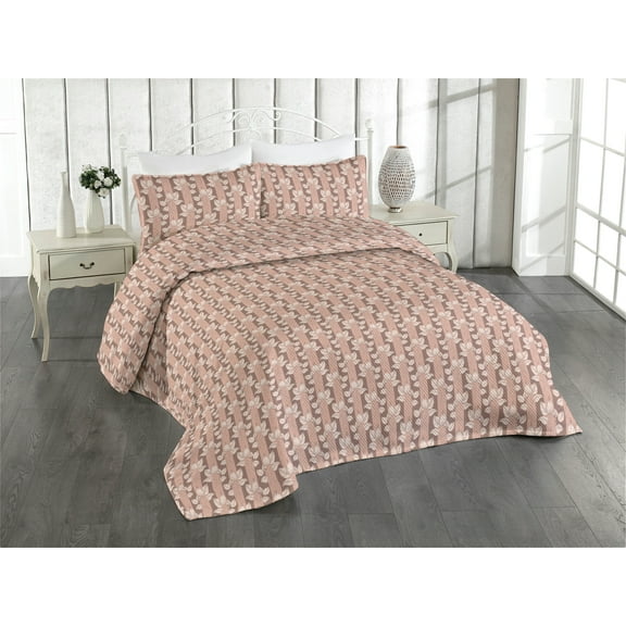 Ambesonne Leaf Quilted Bedspread Set 3 Pcs, Leaves of Forest Pastel Tones, King, Blush Pale Mauve Taupe