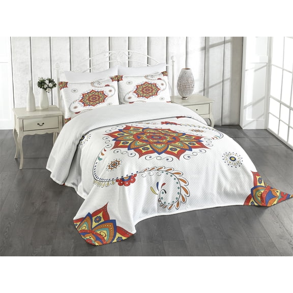 Ambesonne Leaf Quilted Bedspread Set 3 Pcs, Lotus Inspired Swirled, King Size, Multicolor