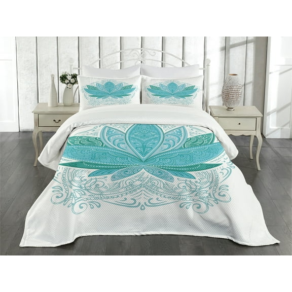 Ambesonne Leaf Quilted Bedspread Set 3 Pcs, Mandala Lotus Pattern Art, King Size, Sky Blue Teal