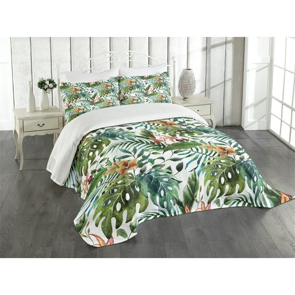 Ambesonne Leaf Quilted Bedspread Set 3 Pcs, Palm Tree Flowers Hibiscus, King Size, Pale Caramel Burgundy