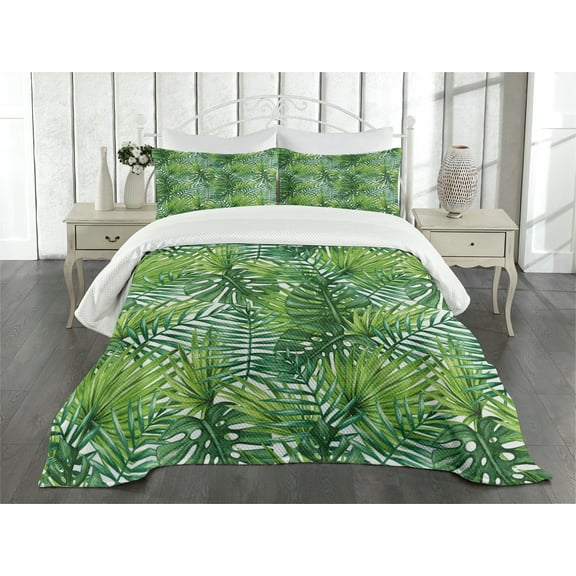 Ambesonne Leaf Quilted Bedspread Set 3 Pcs, Tree Leaves Watercolor, King Size, Pale Green Dark Green