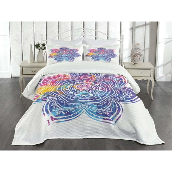 Ambesonne Leaf Quilted Bedspread Set 3 Pcs, Vivid Colored Lotus, Queen Size, Earth Yellow Violet Blue