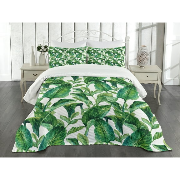Ambesonne Leaf Quilted Bedspread Set 3 Pcs, Watercolored Banana Tree, King Size, Forest Green Dark Green