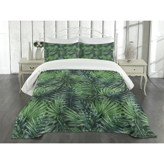 Ambesonne Leaf Quilted Bedspread Set 3 Pcs, Watercolored Forest Leaves, Queen Size, Forest Green Dark Green