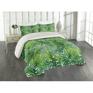Ambesonne Leaf Quilted Coverlet 3 Pcs, Tree Leaves Watercolor, King Size, Pale Green Dark Green