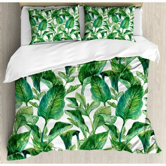 Ambesonne Leaf Romantic Holiday Island Hawaiian Banana Trees Watercolored Duvet Cover Set