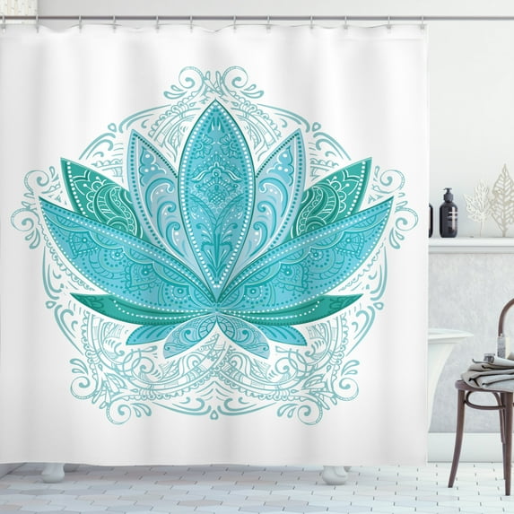 Ambesonne Leaf Shower Curtain, Mandala Lotus Pattern Art, 69"Wx75"L, Sky Blue Teal