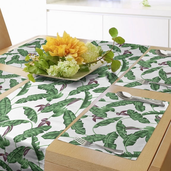 Ambesonne Leaf Table Runner & Placemats, Cartoon Flower in the Summer, Placemat 4 pcs + Runner 16"x90", Hunter Green Eggplant