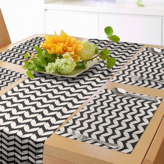 Ambesonne Leaf Table Runner & Placemats, Vintage Art Deco Style Pattern, Placemat 4 pcs + Runner 12"x72", Cream and Black
