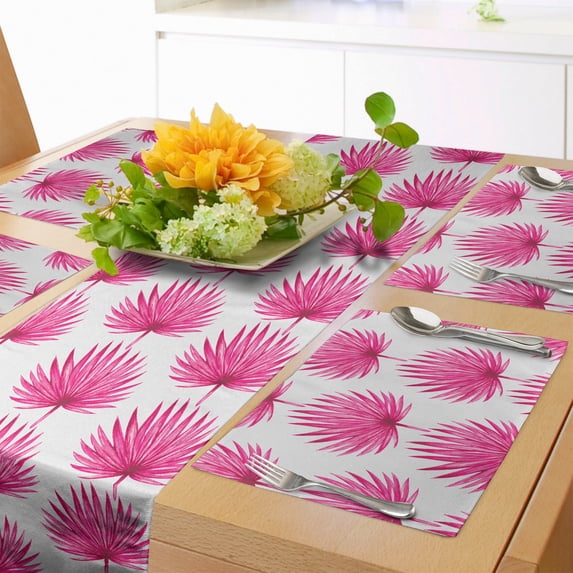 Ambesonne Leaf Table Runner & Placemats, Watercolor Pink Leaves, Placemat 4 pcs + Runner 12"x72", Hot Pink Coconut