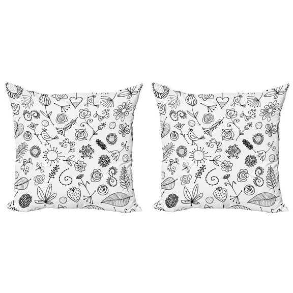 Ambesonne Leaf Throw Pillow Cover 2 Pack, Things from Nature, 24", Black White
