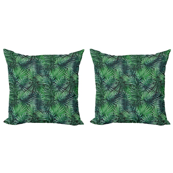 Ambesonne Leaf Throw Pillow Cover 2 Pack, Watercolored Forest Leaves, 24", Forest Green Dark Green