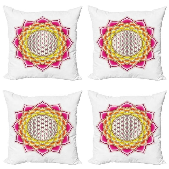 Ambesonne Leaf Throw Pillow Cover 4 Pack, Flower of Life Lotus Vivid, 20", Hot Pink Orange Yellow