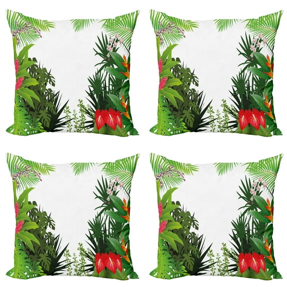 Ambesonne Leaf Throw Pillow Cover 4 Pack, Hibiscus Anthurium Leaves, 20", Hot Pink White
