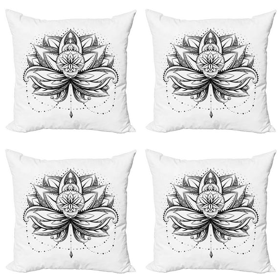 Ambesonne Leaf Throw Pillow Cover 4 Pack, Ornamental Lotus Sketch, 16", Seal Brown White