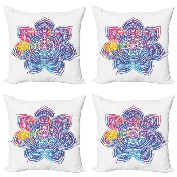 Ambesonne Leaf Throw Pillow Cover 4 Pack, Vivid Colored Lotus, 24", Earth Yellow Violet Blue