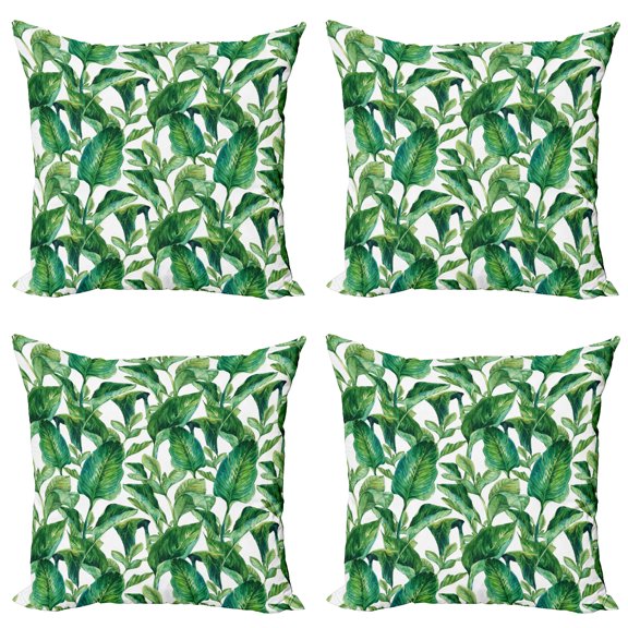 Ambesonne Leaf Throw Pillow Cover 4 Pack, Watercolored Banana Tree, 20", Forest Green Dark Green