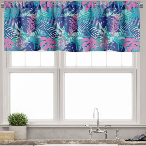 Ambesonne Leaf Valance Pack of 2, Vivid Colored Island Flora, 54"X12", Turquoise Dark Blue