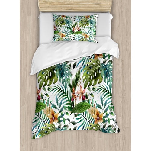 Ambesonne Leaf Vintage Retro 60s Seem Banana Palm Tree Leaves Flowers Hibiscus Duvet Cover Set