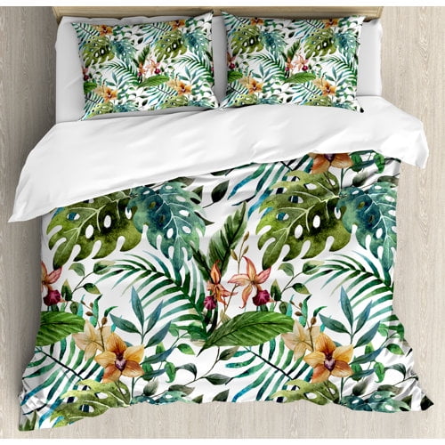 Ambesonne Leaf Vintage Retro 60s Seem Banana Palm Tree Leaves Flowers Hibiscus Duvet Cover Set
