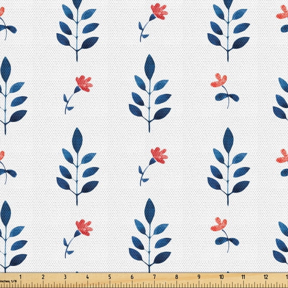 Ambesonne Leafage Fabric by the Yard Upholstery, Watercolor Flowers Art, 5 Yards, White Burnt Sienna Indigo