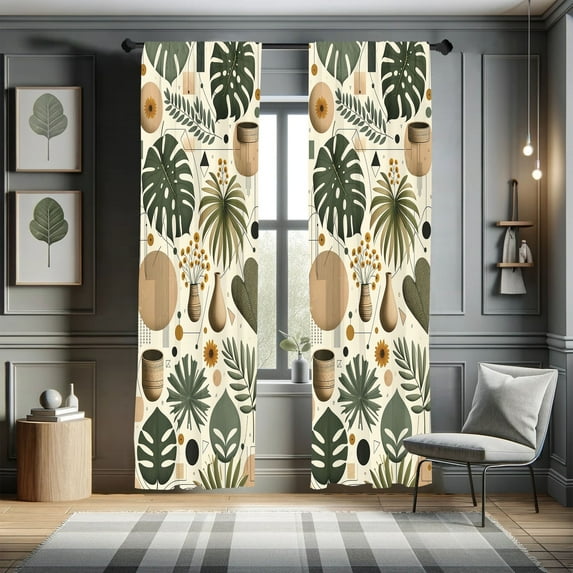 Ambesonne Leafy Art Curtains 2 Panel Set, Monstera Leaves Bohemian, Pair of - 28" x 84", Laurel Green Camel Beige