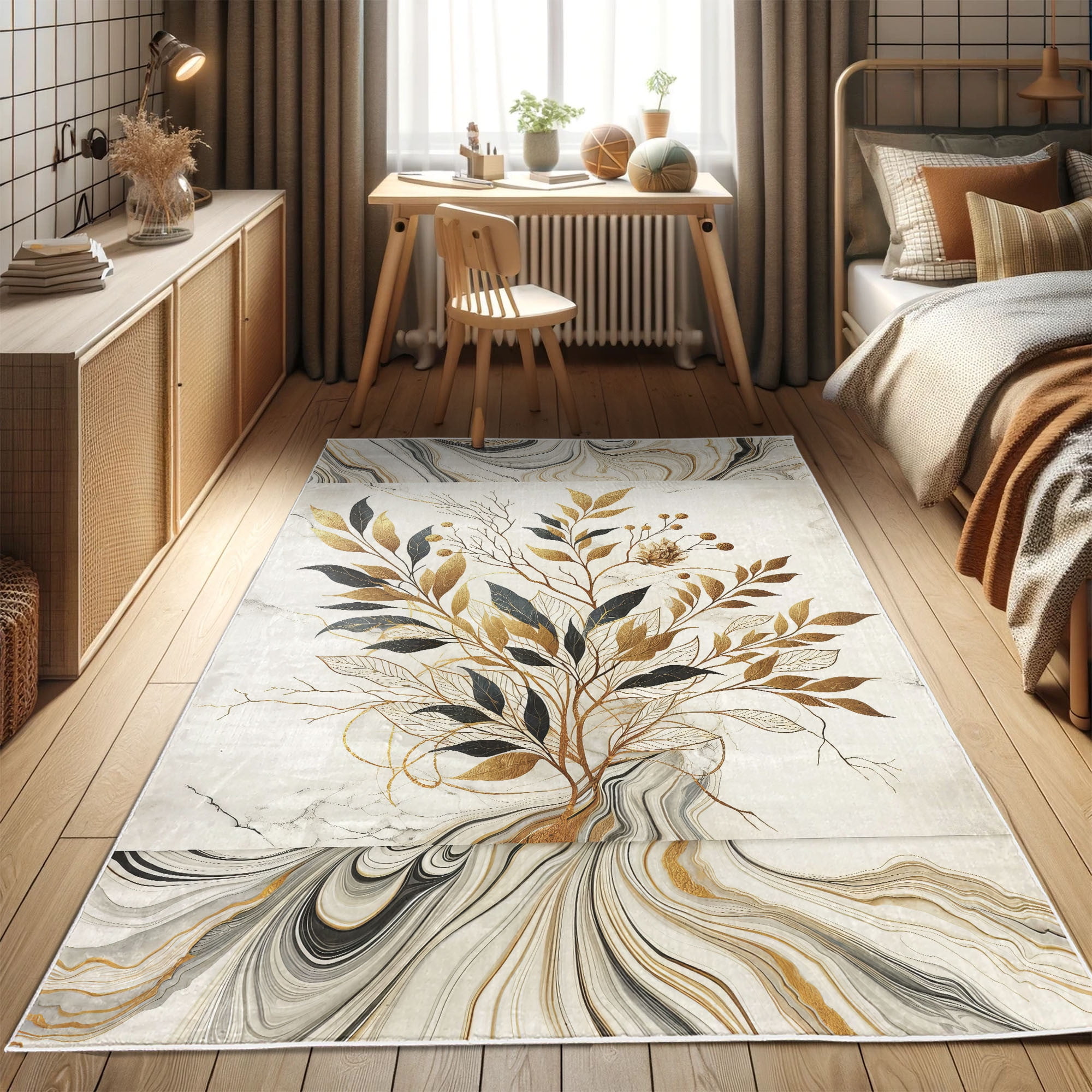 Ivory and Mustard Leafy Art Synthetic Area Rug