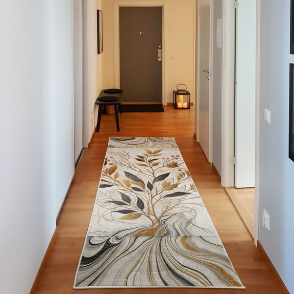 Ambesonne Leafy Art Decorative Rug Carpet, Marble Look Leafy Stripes, 2' 5" x 7' 5", Ivory Dark Mustard Grey
