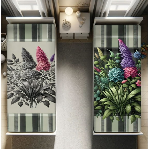 Ambesonne Leafy Art Fitted Sheet Set 2 Pack All-Round Elastic, Greenery Leaves Plaid Art, Twin Size, Grey Pink Multicolor