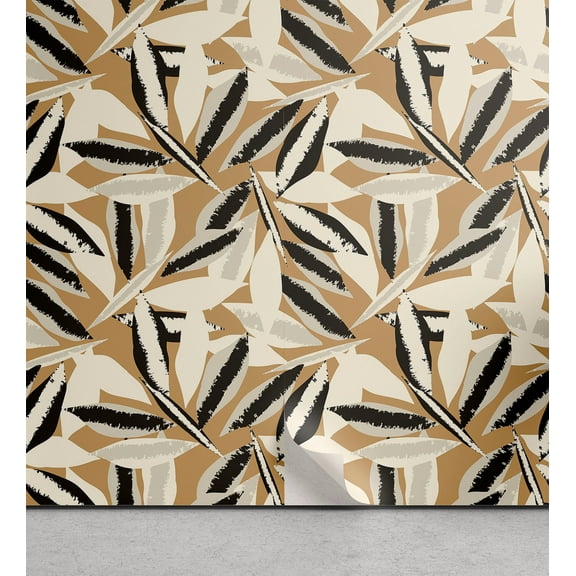Ambesonne Leafy Art Peel & Stick Wallpaper for Home, Retro Punk Feel Leaves, 13"x100", Pale Brown Grey Yellow