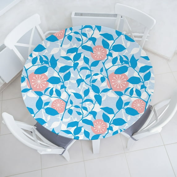 Ambesonne Leafy Artwork Fitted Round Tablecloth, Modern Floral Citrus, 36"- 40" Diameter, Azure Blue Salmon White
