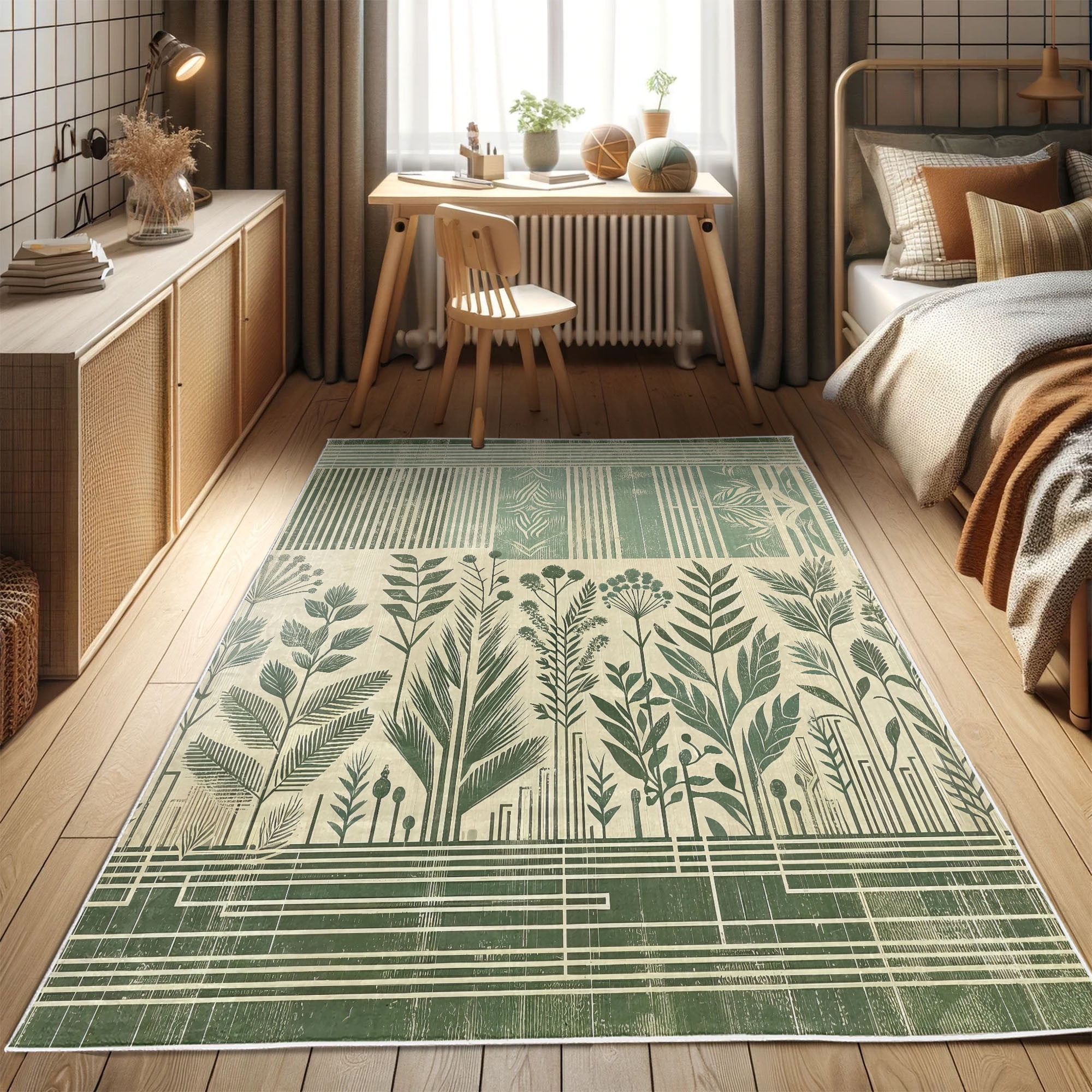 Laurel Green and Champagne Leafy Design Runner Rug