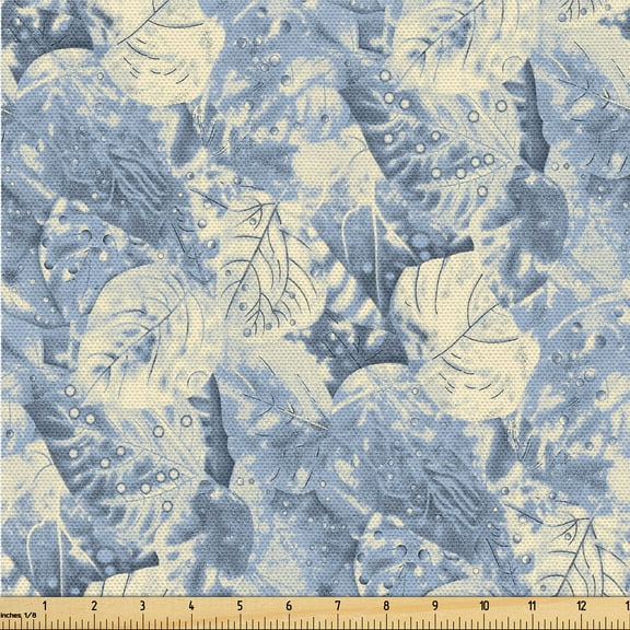 Ambesonne Leafy Design Fabric by the Yard Upholstery, Winter Colors Woodland, 1 Yard, Pastel Yellow Ceil Blue