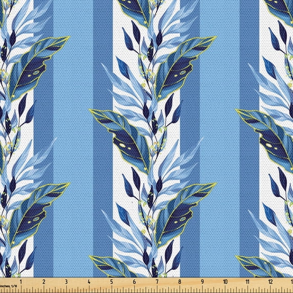 Ambesonne Leafy Design Fabric by the Yard Upholstery, Winter Colors Leaves, 1 Yard, Sea Blue Pale Azure Blue