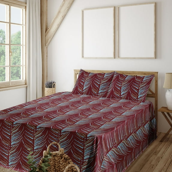 Ambesonne Leafy Design Fitted & Flat Sheet with Sham 3 Pcs Set, Leaves Simple Tropical, Twin XL, Cinnamon Aqua Lime Green