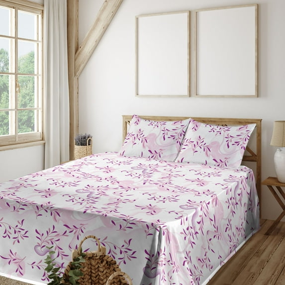 Ambesonne Leafy Design Fitted & Flat Sheet with Shams 4 Pcs Set, Dreamy Tropical Leaves, Calking, Pale Lilac Fuchsia White