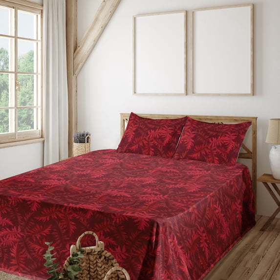 Ambesonne Leafy Design Fitted & Flat Sheet with Shams 4 Pcs Set, Neutral Autumn Leaves, Queen, Dark Coral Raspberry