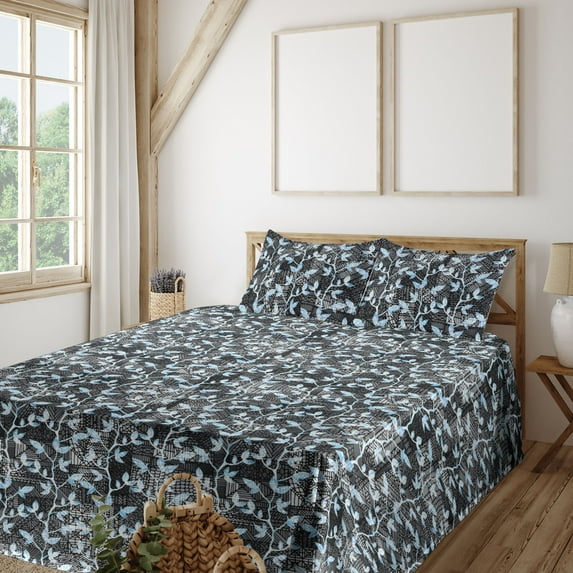 Ambesonne Leafy Design Fitted & Flat Sheet with Shams 4 Pcs Set, Soft Colors Leaves, Full, Pale Azure Blue Dimgray