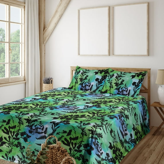 Ambesonne Leafy Design Fitted & Flat Sheet with Shams 4 Pcs Set, Tropical Silhouettes, Full, Charcoal Grey Lime Green