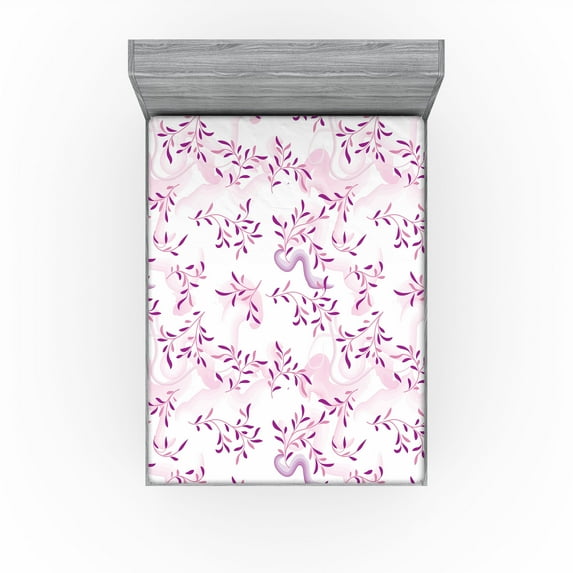 Ambesonne Leafy Design Fitted Sheet, Dreamy Tropical Leaves, Queen Size, Pale Lilac Fuchsia White