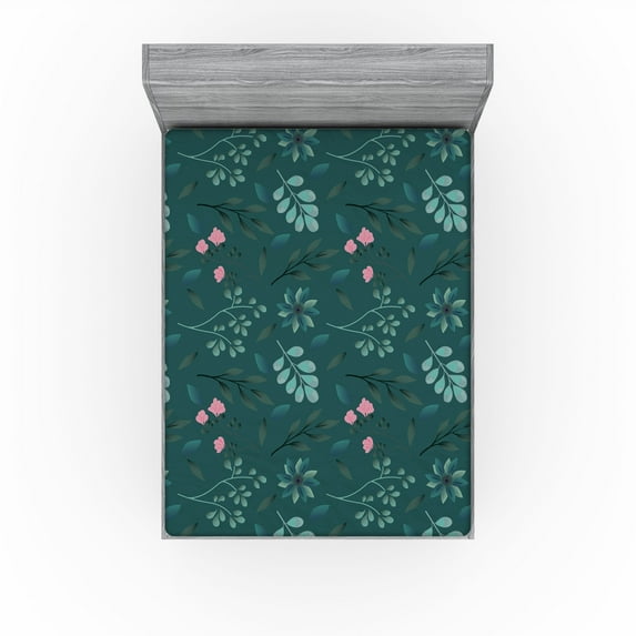 Ambesonne Leafy Design Fitted Sheet, Jungle Falling Leaves, King Size, Teal Pastel Pink Seafoam