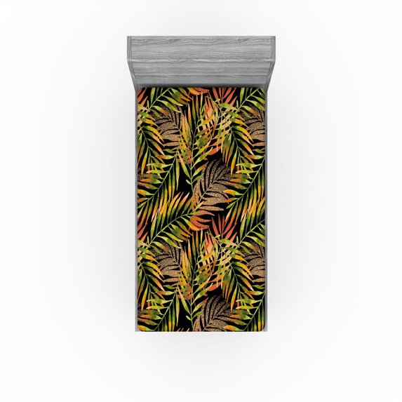 Ambesonne Leafy Design Fitted Sheet, Modern Feels Tropical, Twin XL Size, Vermilion Lime Green