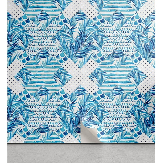 Ambesonne Leafy Design Peel & Stick Wallpaper for Home, Dots Tropical Leaves, 13"x72", Sea Blue White