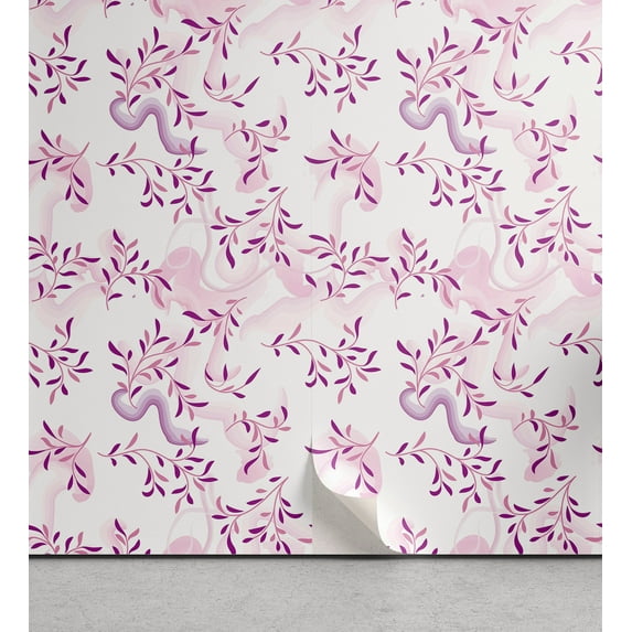 Ambesonne Leafy Design Peel & Stick Wallpaper for Home, Dreamy Tropical Leaves, 13"x72", Pale Lilac Fuchsia White