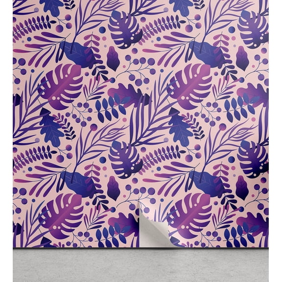 Ambesonne Leafy Design Peel & Stick Wallpaper for Home, Purplish Tone Leaves, 13"x36", Fuchsia Dark Lavender