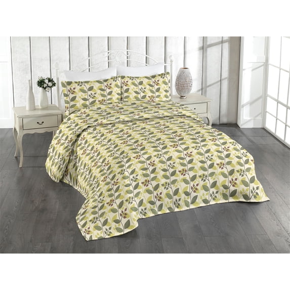 Ambesonne Leafy Design Quilted Bedspread Set 3 Pcs, Autumn Ivy Look Leaf, King, Apple Green Fern Green