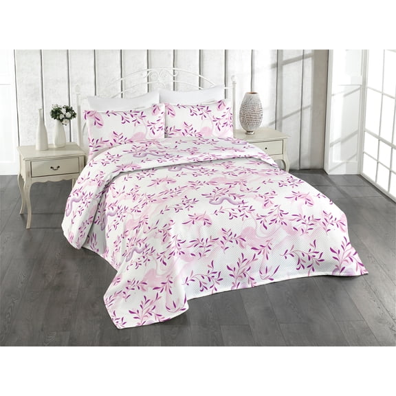 Ambesonne Leafy Design Quilted Bedspread Set 3 Pcs, Dreamy Tropical Leaves, Twin, Pale Lilac Fuchsia White